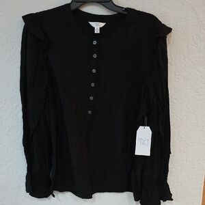 Time and Tru Black Button-Front Ruffle Blouse